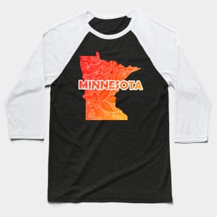 Colorful mandala art map of Minnesota with text in red and orange Baseball T-Shirt